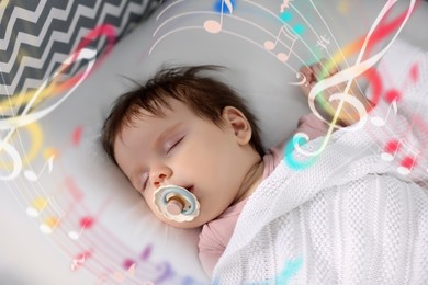 Lullaby songs. Cute little baby sleeping in bed. Illustration of flying music notes around child