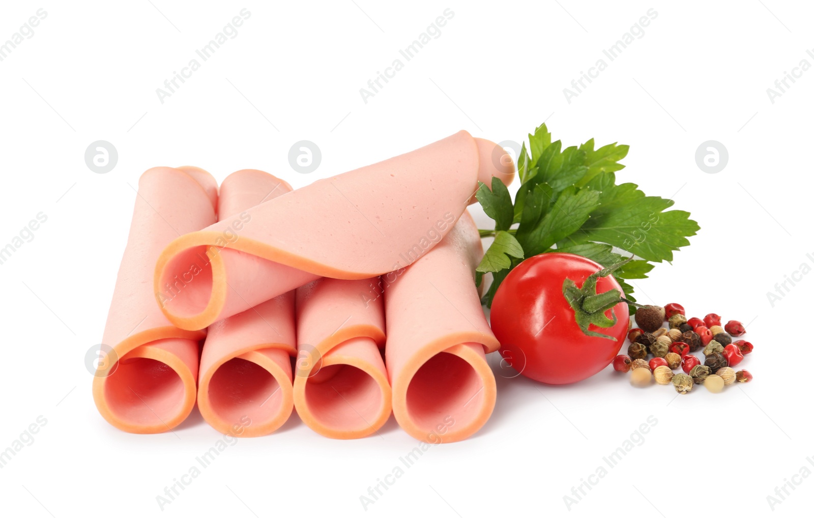 Photo of Slices of delicious boiled sausage with parsley, tomato and pepper on white background