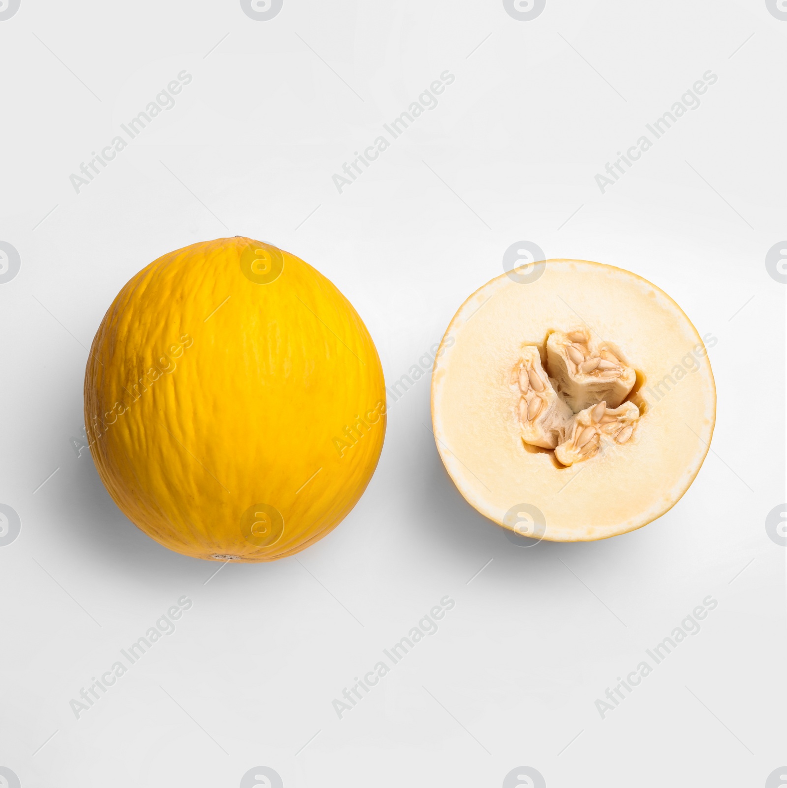 Photo of Ripe tasty melon on white background, top view