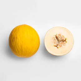 Photo of Ripe tasty melon on white background, top view