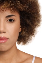 Beautiful woman with healthy skin on white background, closeup