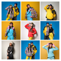 Collage with people wearing winter sports clothes on color backgrounds