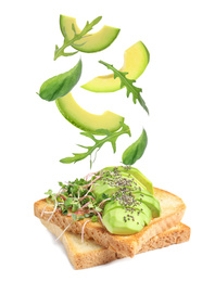 Image of Tasty bruschetta with flying ingredients on white background