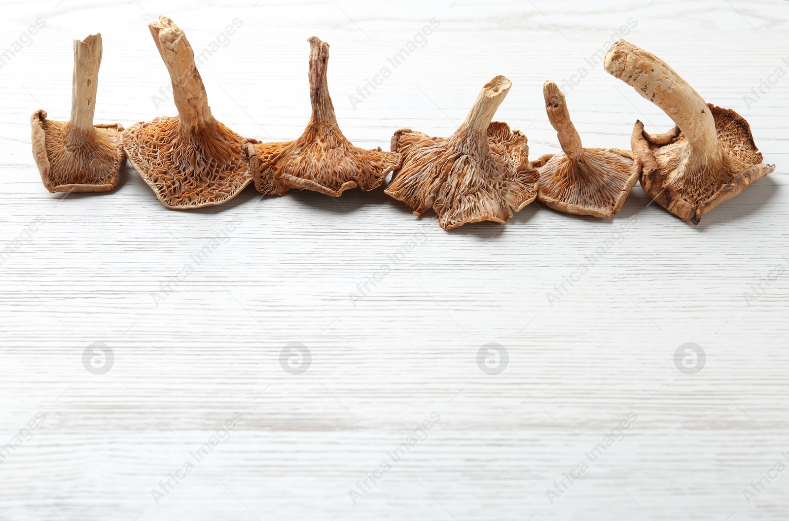 Photo of Composition of dried mushrooms on wooden background. Space for text