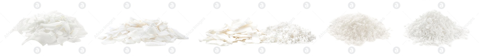 Image of Set with fresh coconut flakes isolated on white. Banner design