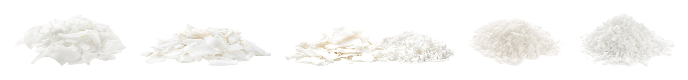 Image of Set with fresh coconut flakes isolated on white. Banner design