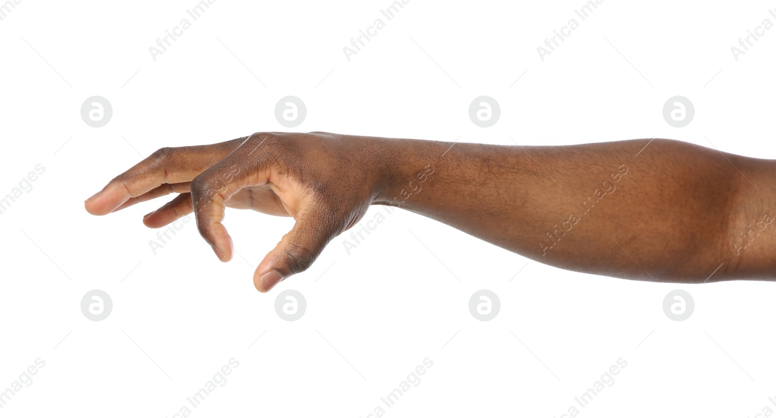 Photo of African-American man holding something in hand on white background, closeup