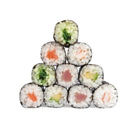 Photo of Delicious fresh sushi rolls on white background