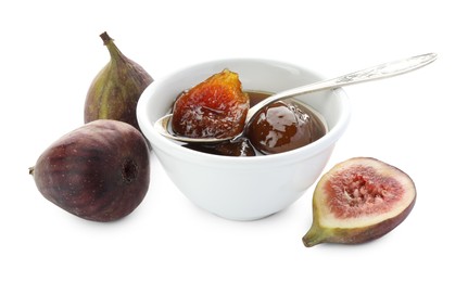 Bowl of tasty sweet jam and fresh figs isolated on white