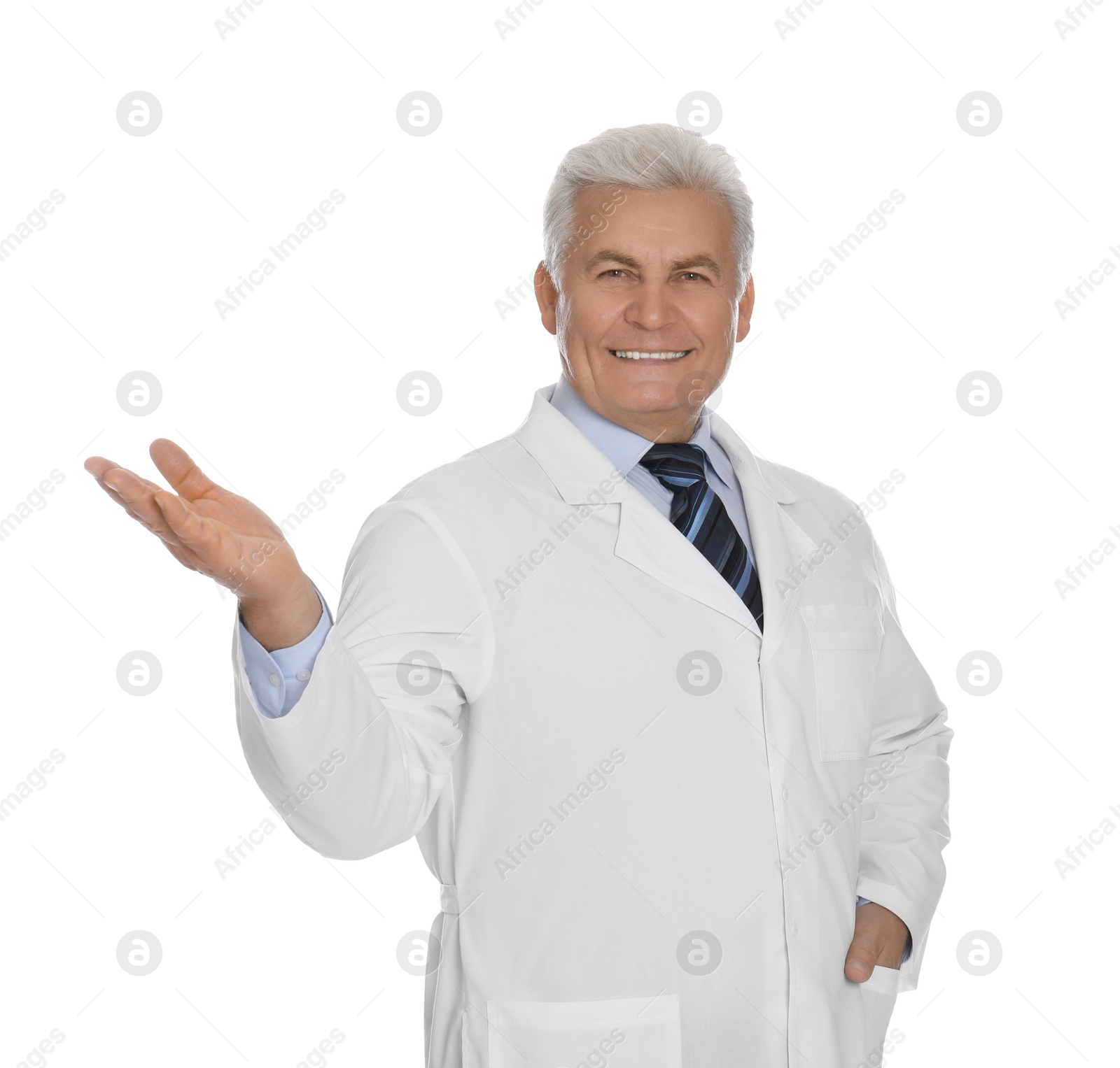 Photo of Happy senior man in lab coat on white background