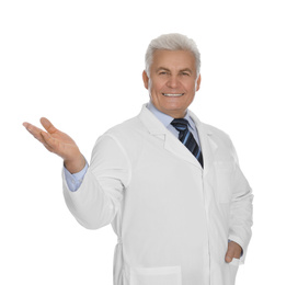 Happy senior man in lab coat on white background
