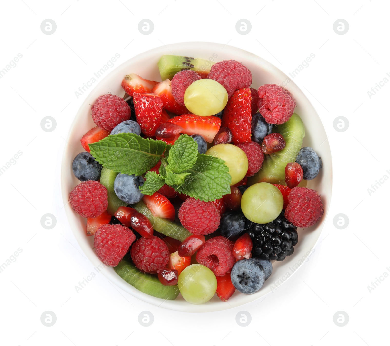 Photo of Fresh tasty fruit salad on white background, top view