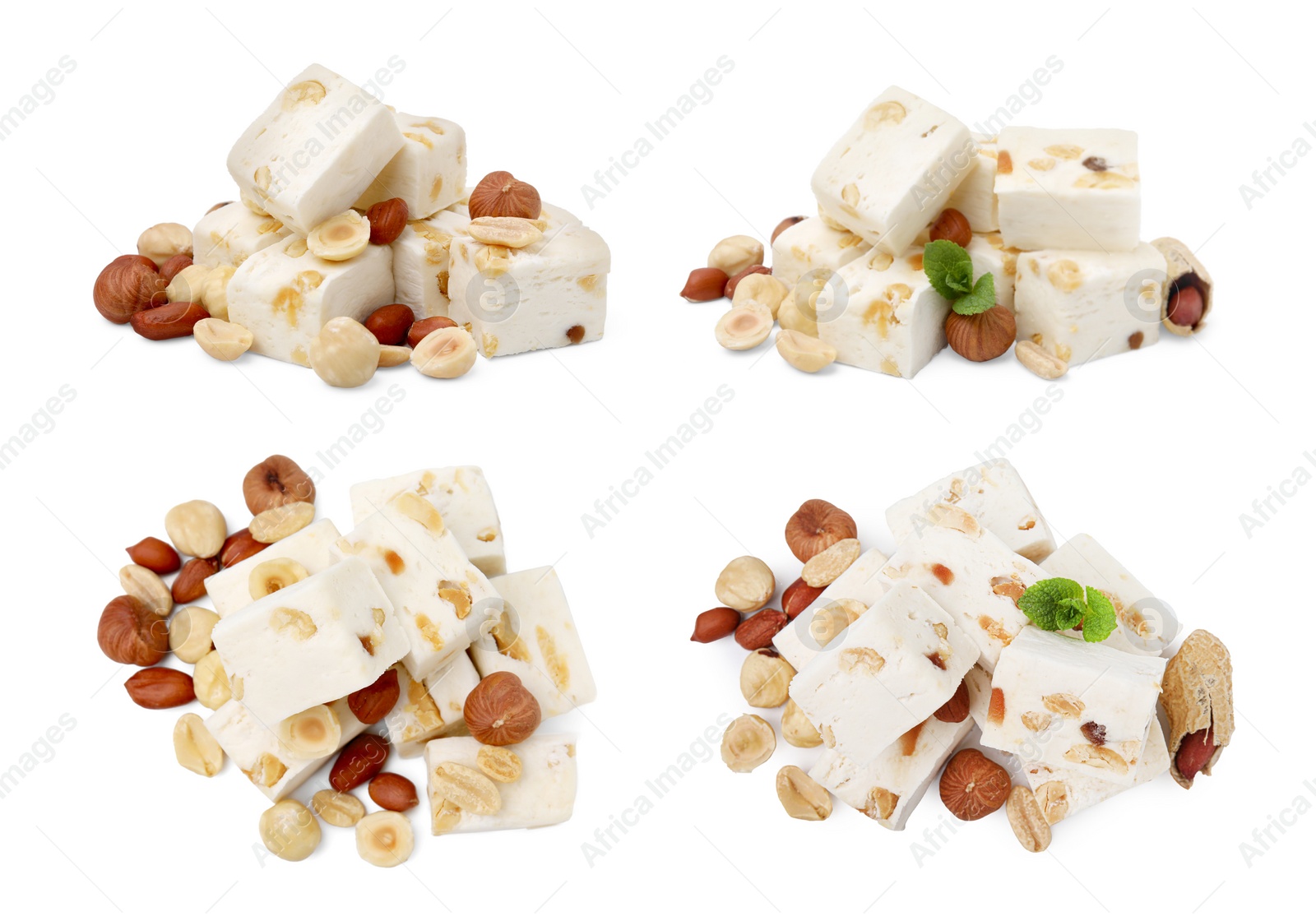 Image of Piles of delicious nougat with nuts on white background, top and side views. Collage design