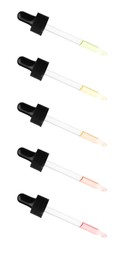 Image of Pipettes with different essential oils on white background, collage. Vertical banner design