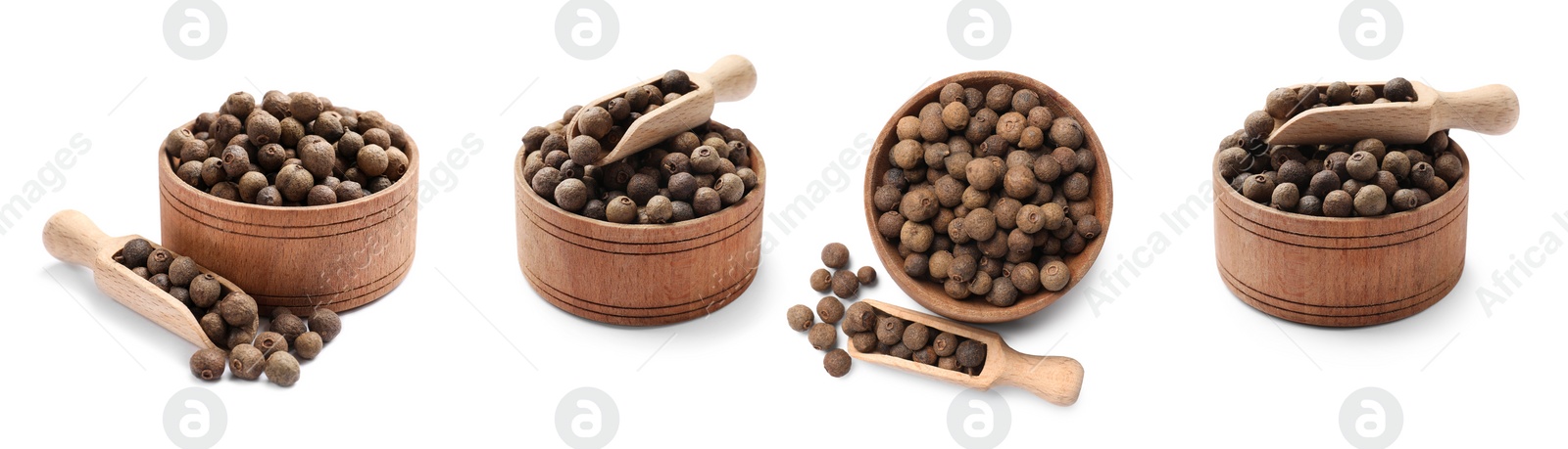 Image of Set of allspice berries (Jamaica pepper) in bowls and scoops isolated on white, views from different angles