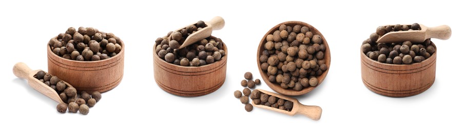 Image of Set of allspice berries (Jamaica pepper) in bowls and scoops isolated on white, views from different angles