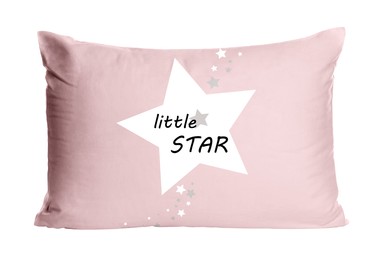 Image of Soft pillow with cute print with text Little Star isolated on white