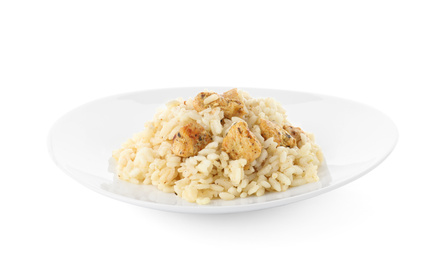 Photo of Delicious risotto with chicken isolated on white