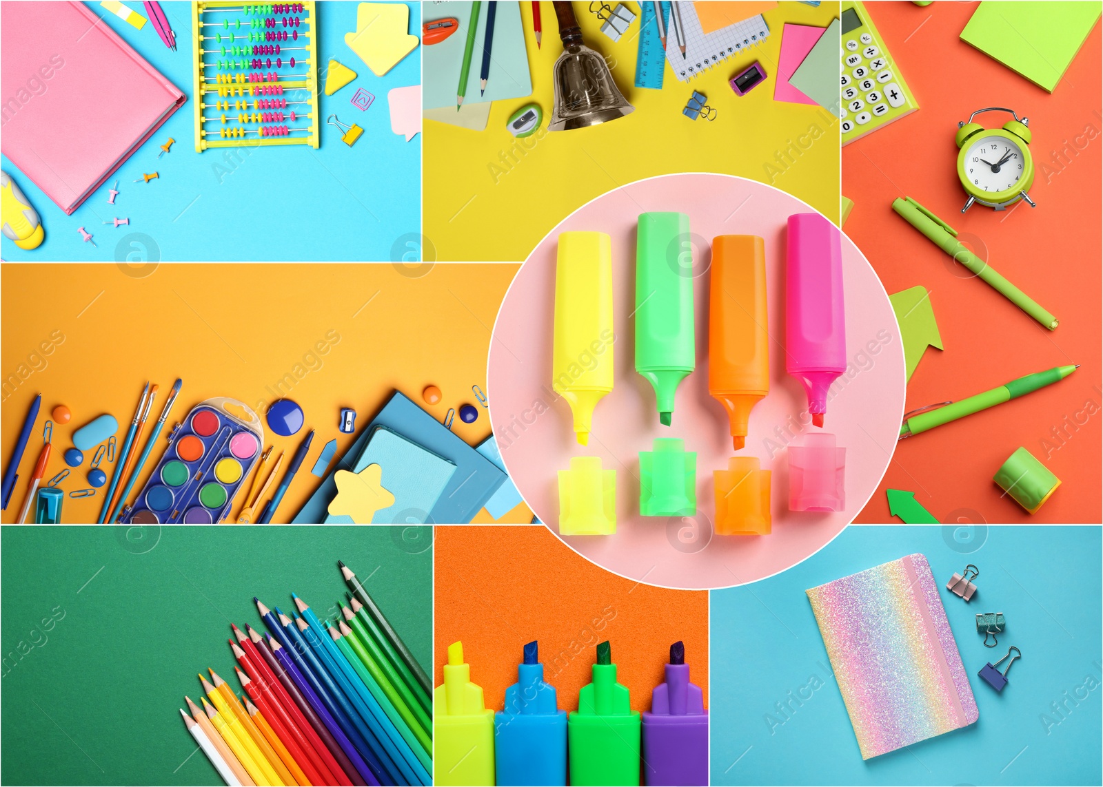 Image of Collage with photos of various school stationery on different color backgrounds, top view