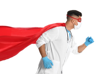 Doctor wearing face mask and cape on white background. Super hero power for medicine