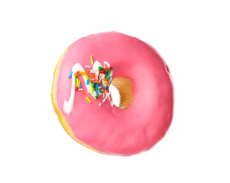 Sweet tasty glazed donut decorated with sprinkles isolated on white
