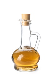 Jug with hemp oil on white background