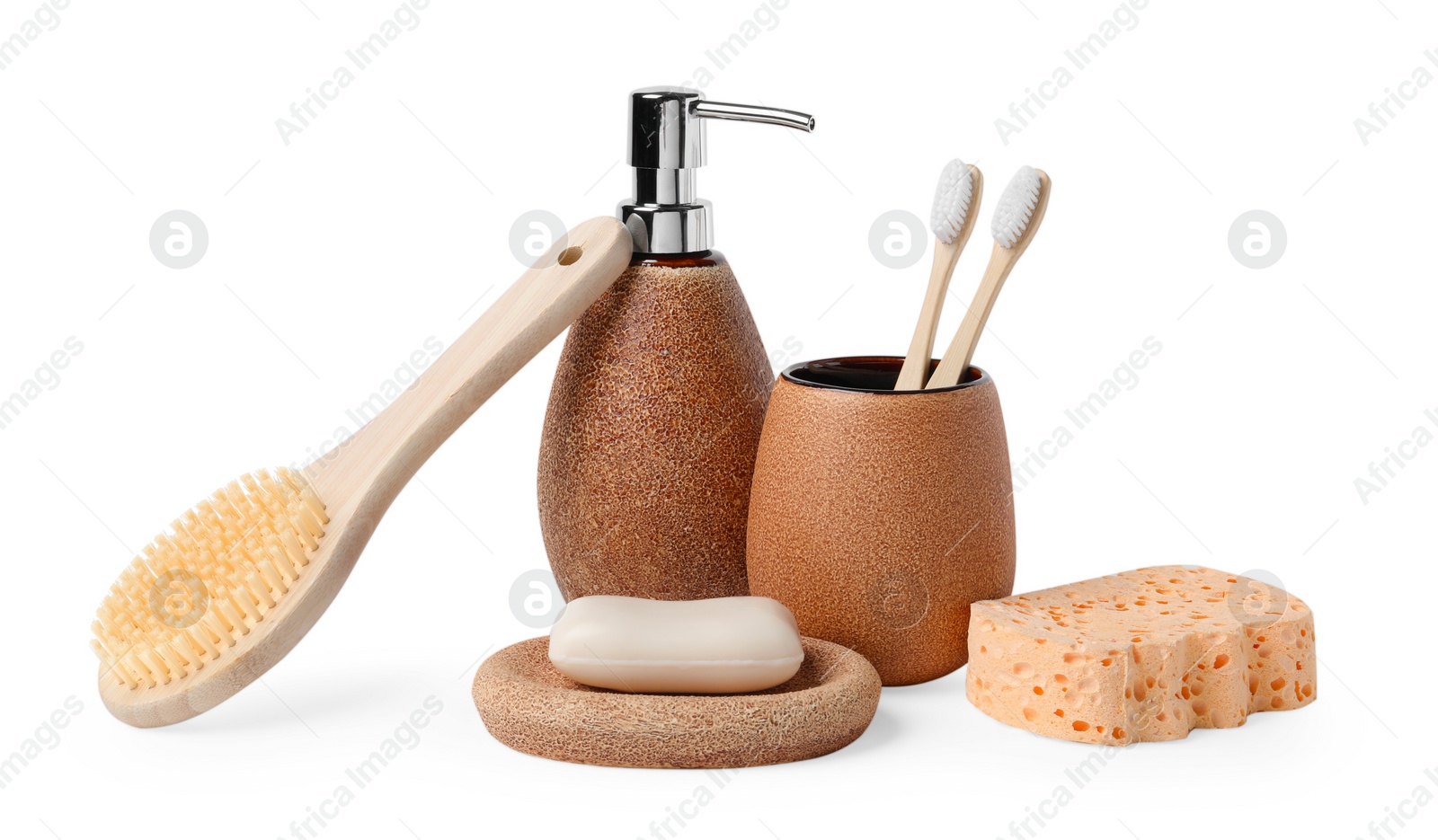 Photo of Bath accessories. Set of different personal care products isolated on white