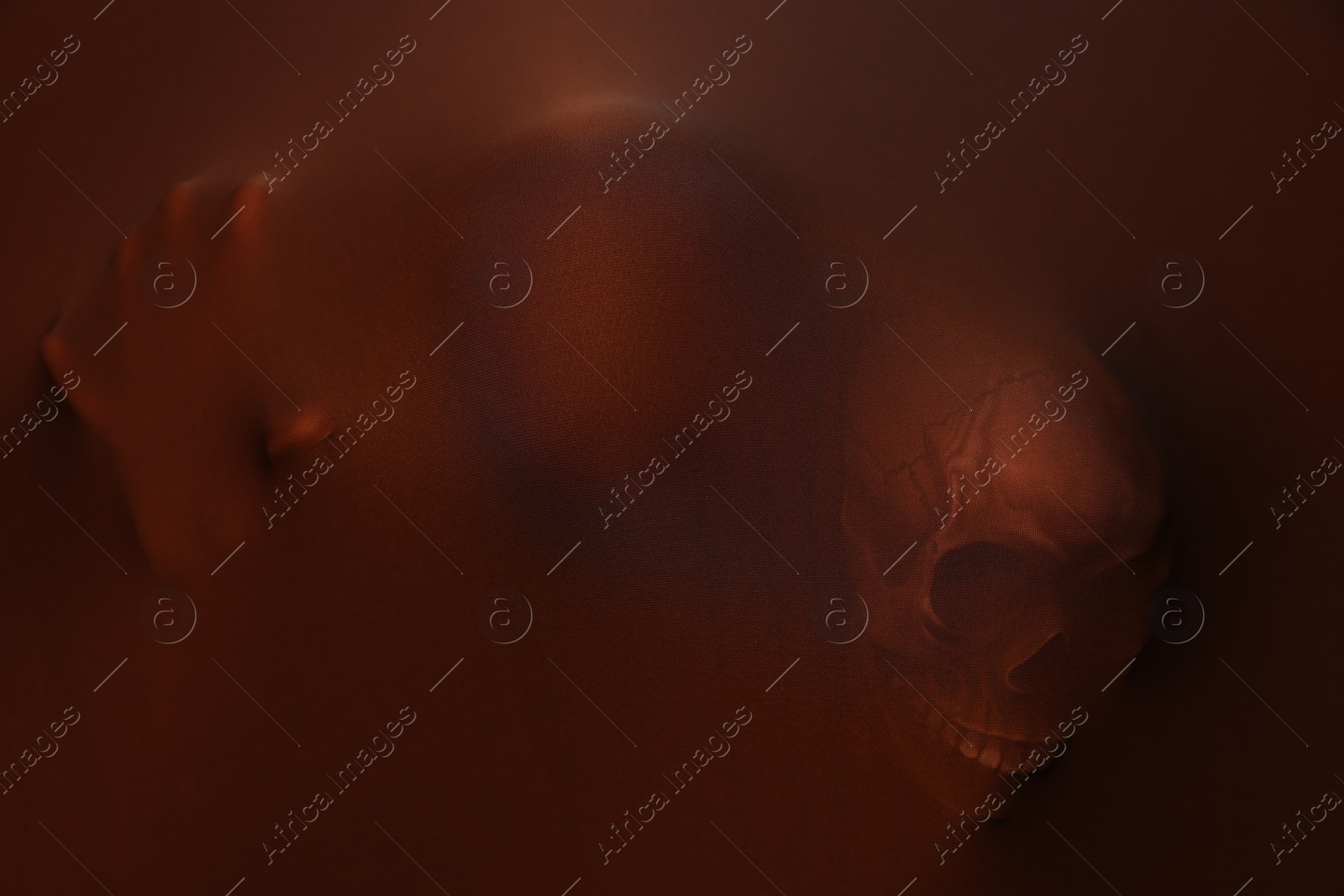 Photo of Silhouette of creepy ghost with skulls behind brown cloth