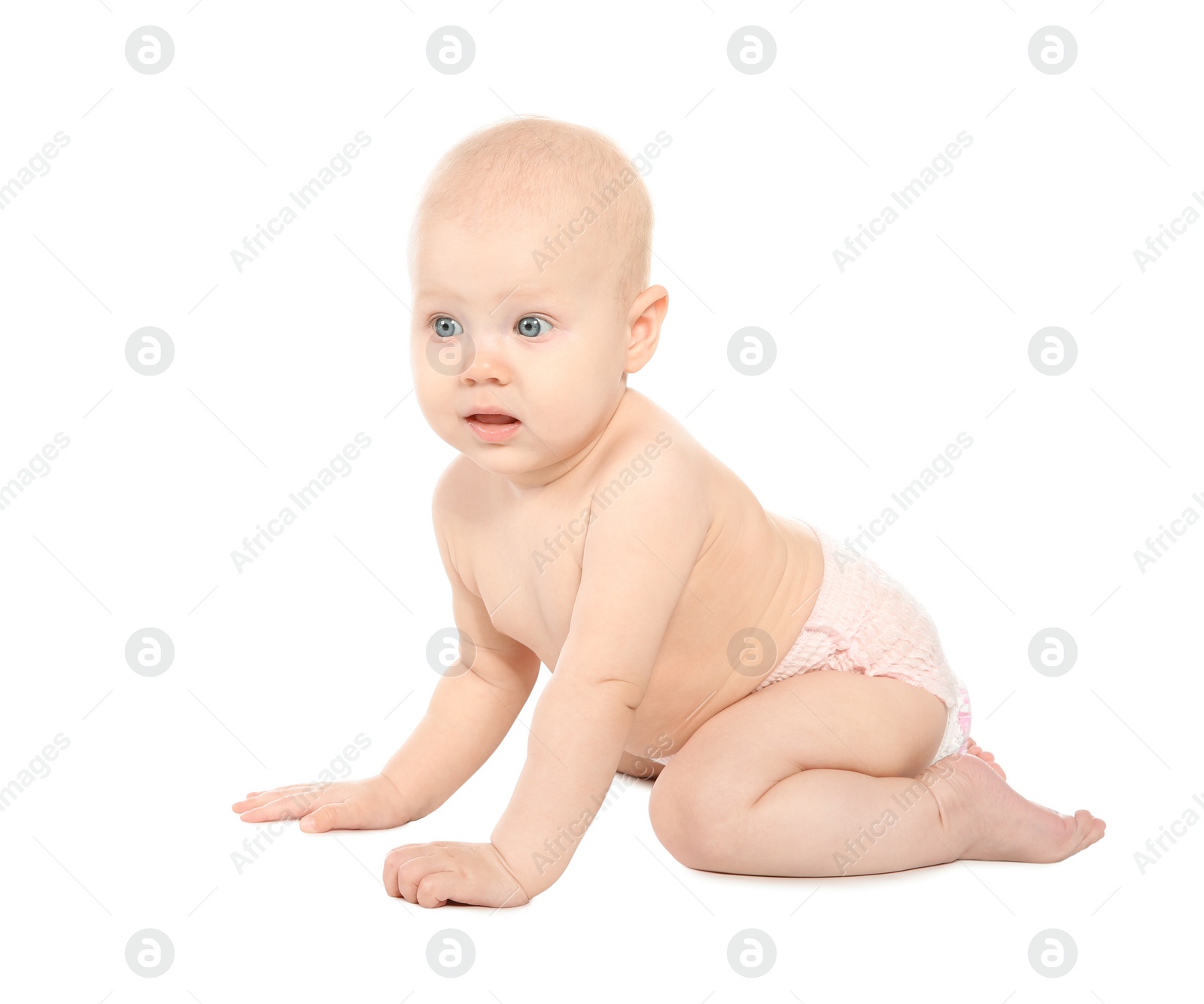 Photo of Cute little baby on white background. Crawling time