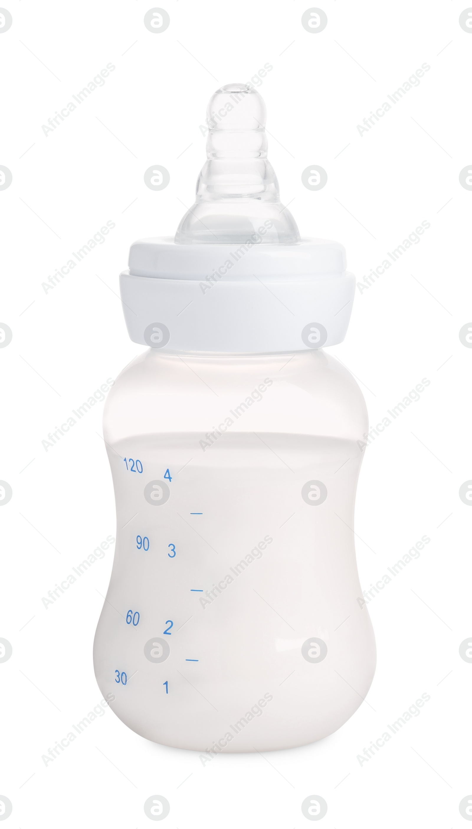 Photo of Feeding bottle with dairy free infant formula on white background