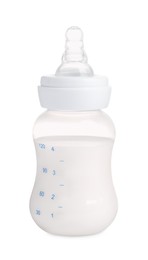 Photo of Feeding bottle with dairy free infant formula on white background