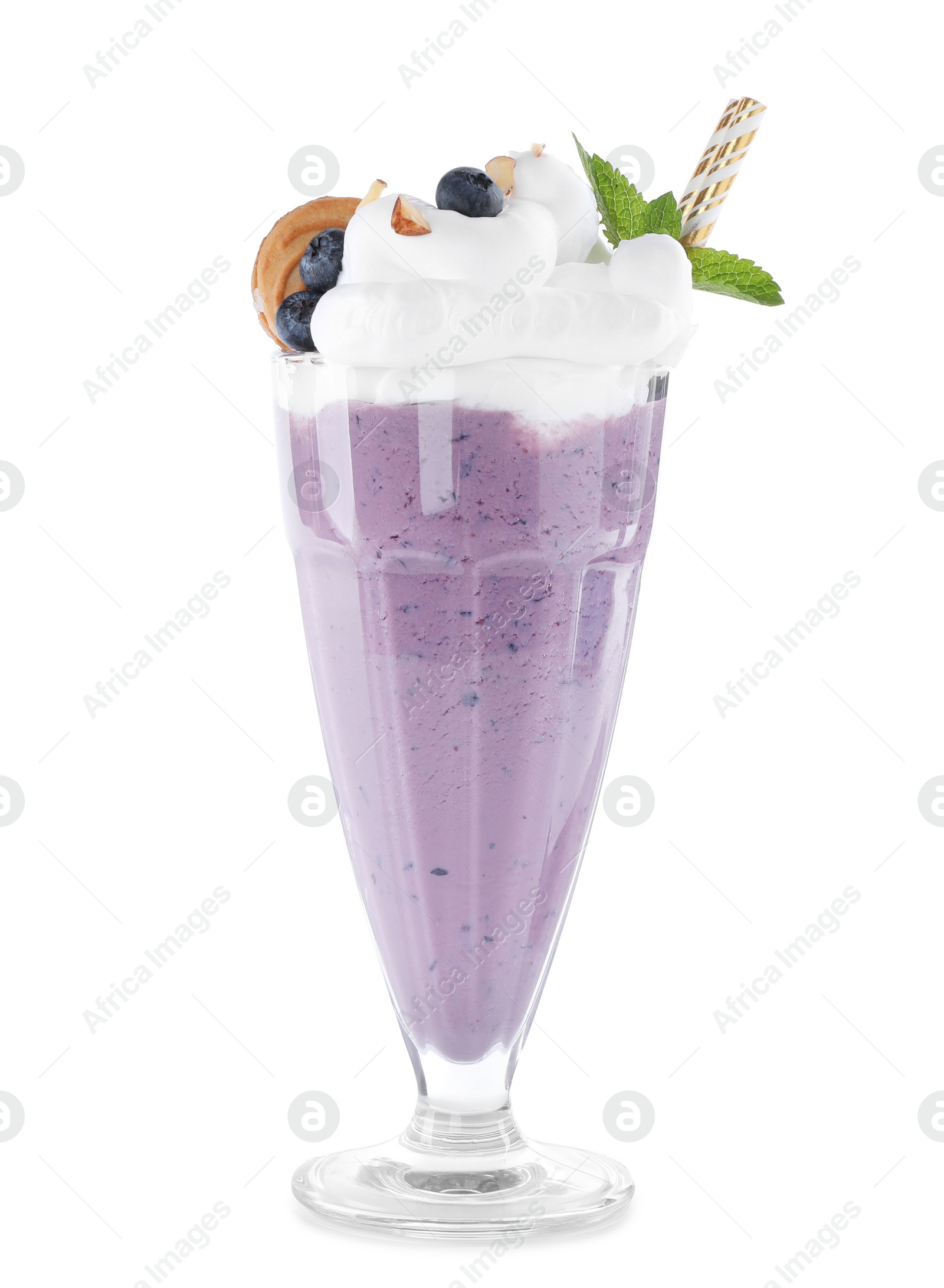 Photo of Tasty blueberry milk shake in glass on white background