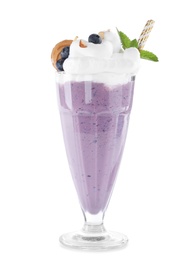 Tasty blueberry milk shake in glass on white background