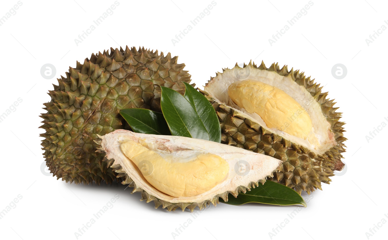 Photo of Fresh ripe durians with green leaves on white background. Tropical fruit