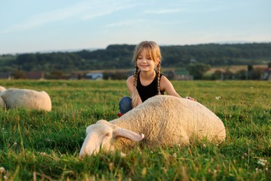 Photo of Girl with sheep on pasture. Farm animal