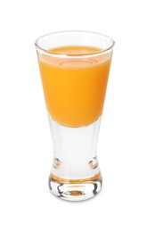 Tasty tangerine liqueur in shot glass isolated on white