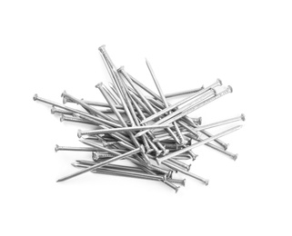 Photo of Pile of metal nails on white background, top view