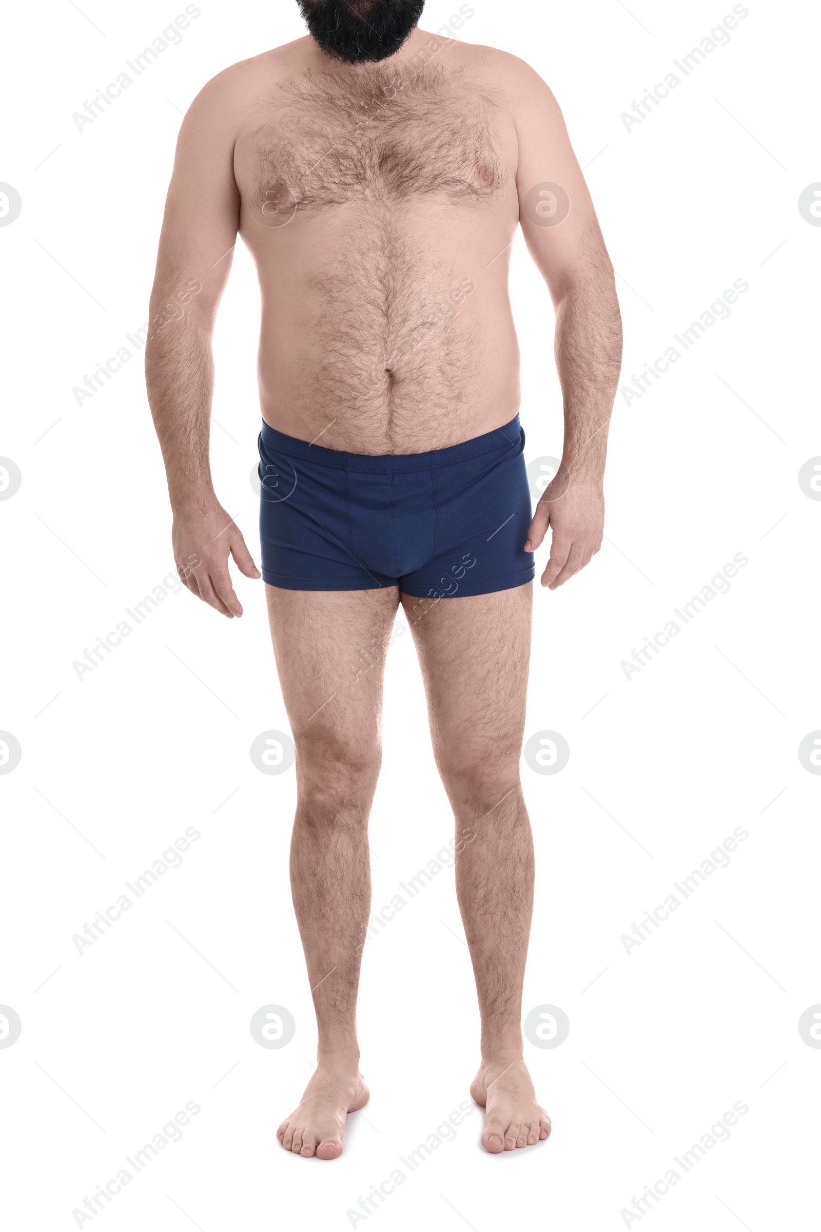 Photo of Overweight man isolated on white, closeup. Weight loss