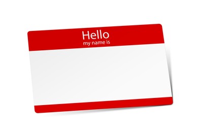 Card with text Hello my name is on white background, illustration. Mockup for design 