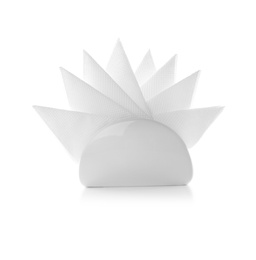 Napkin holder with paper serviettes on white background