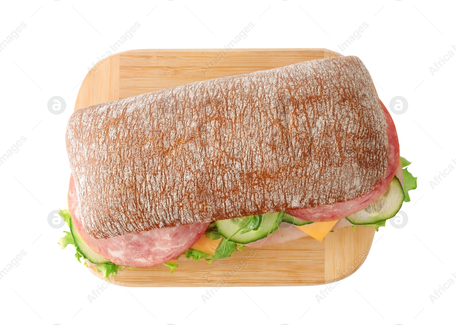 Photo of Tasty sandwich with ham isolated on white, top view