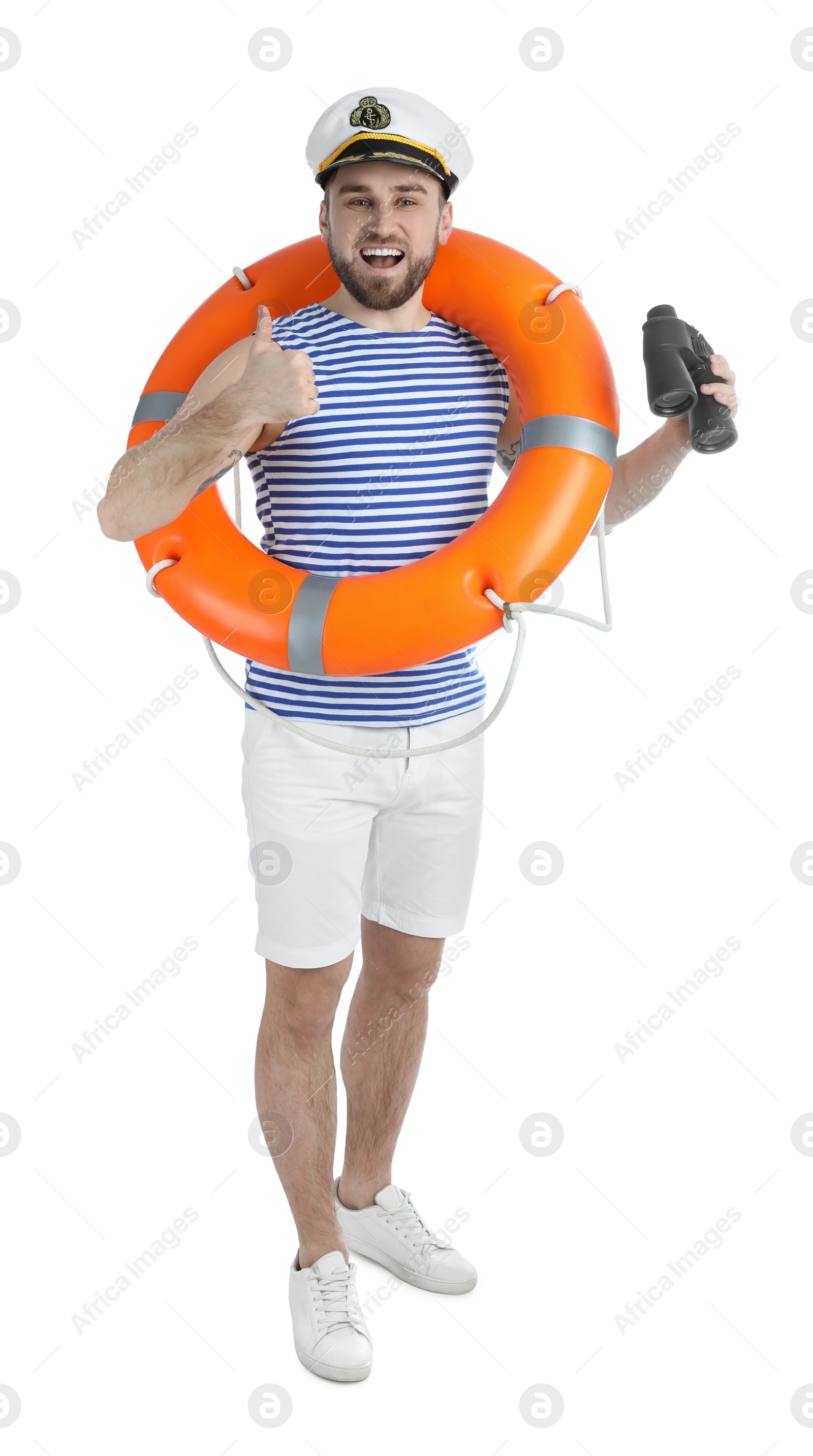 Photo of Sailor with binoculars and ring buoy on white background