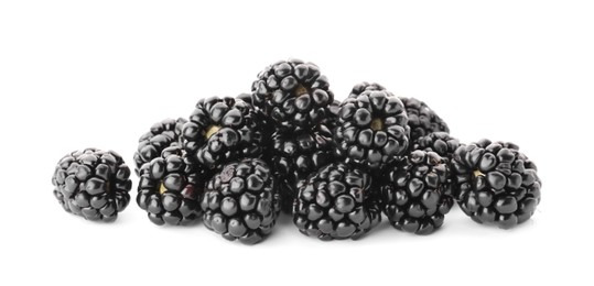 Many tasty ripe blackberries on white background