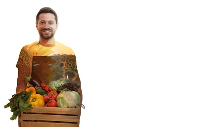 Double exposure of farmer and sunflower field on white background