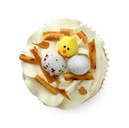 Tasty Easter cupcake with vanilla cream isolated on white, top view