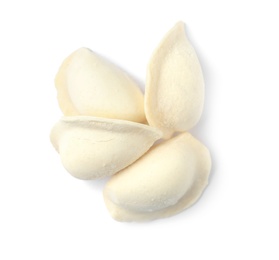 Photo of Pile of raw dumplings on white background, top view