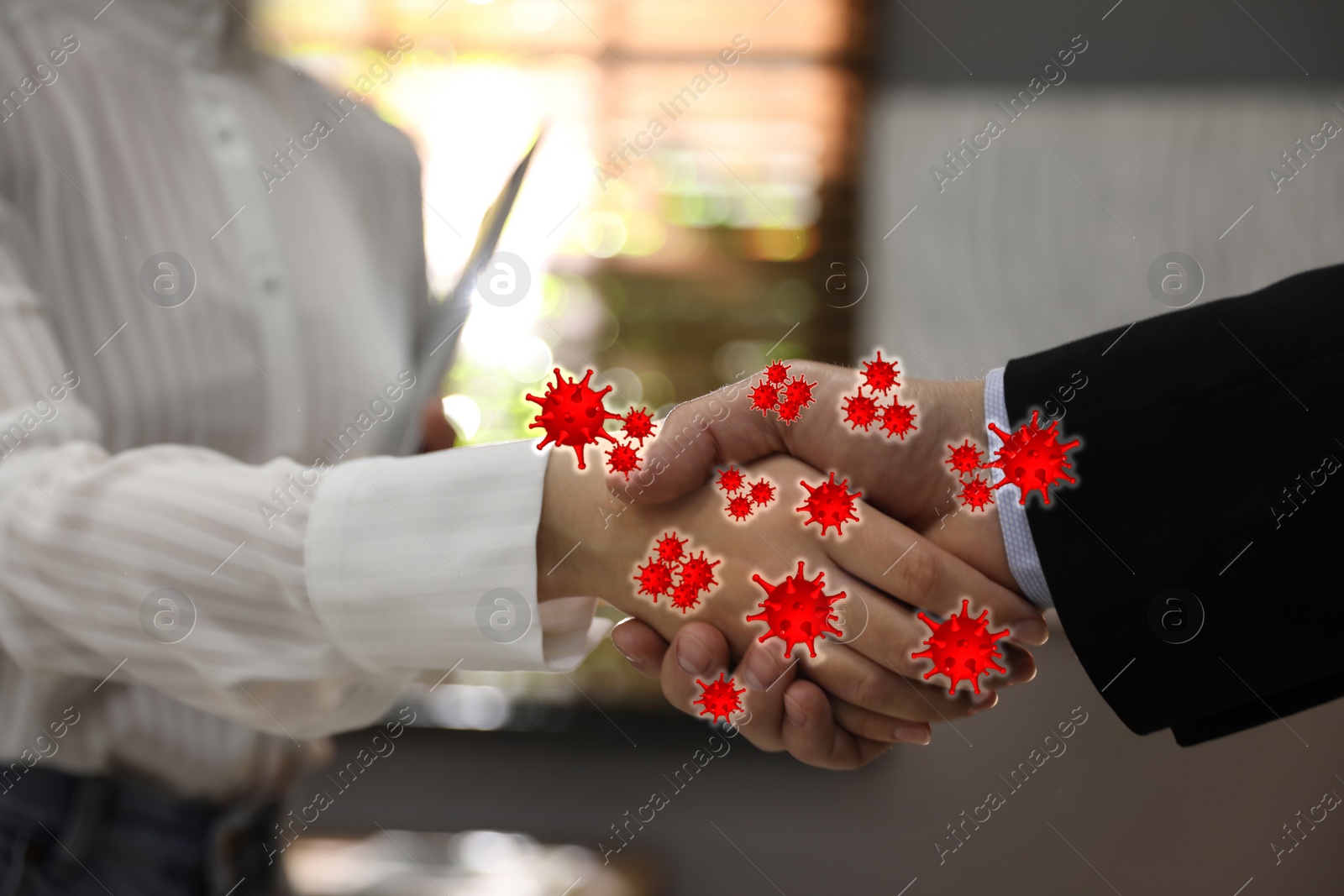 Image of Avoid handshakes during coronavirus outbreak. People greeting indoors, closeup