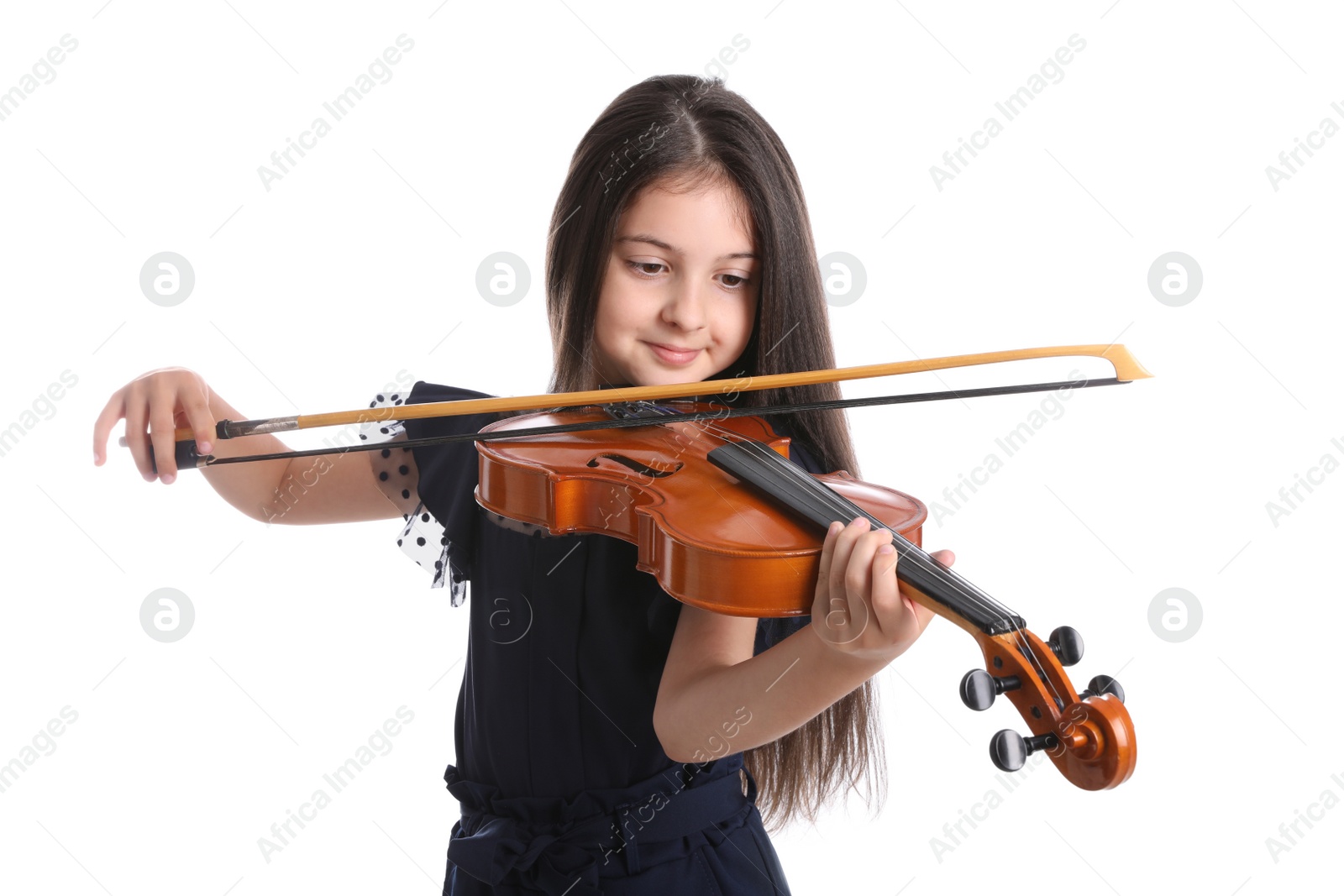 Photo of Preteen girl playing violin on white background