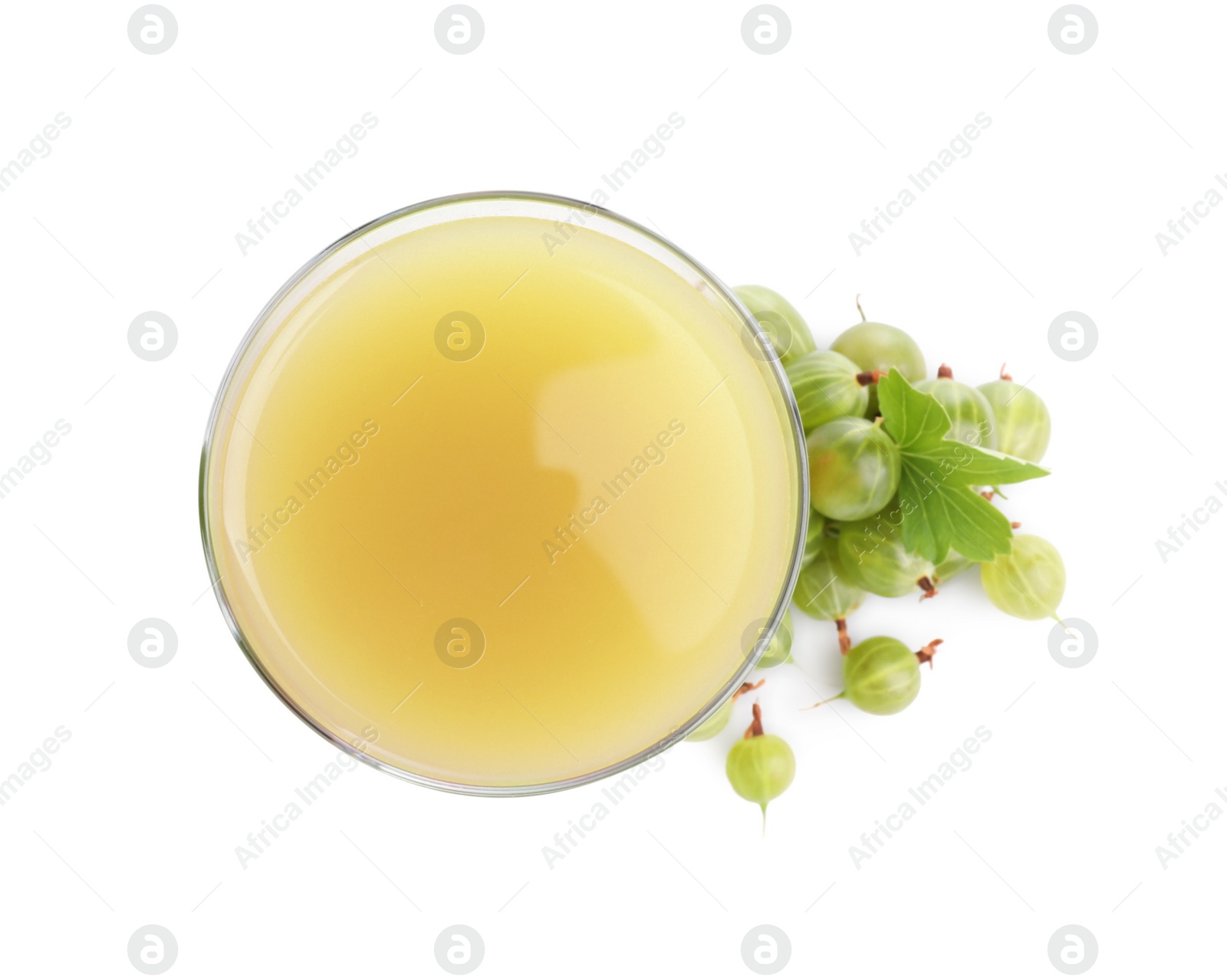 Photo of Tasty gooseberry juice and fresh berries isolated on white, top view