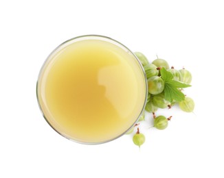 Tasty gooseberry juice and fresh berries isolated on white, top view